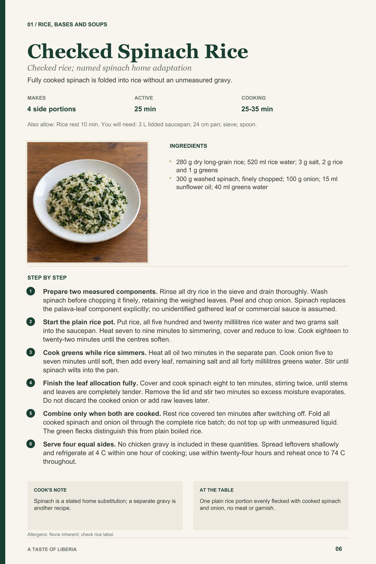 Checked Spinach Rice recipe page from A Taste of Liberia