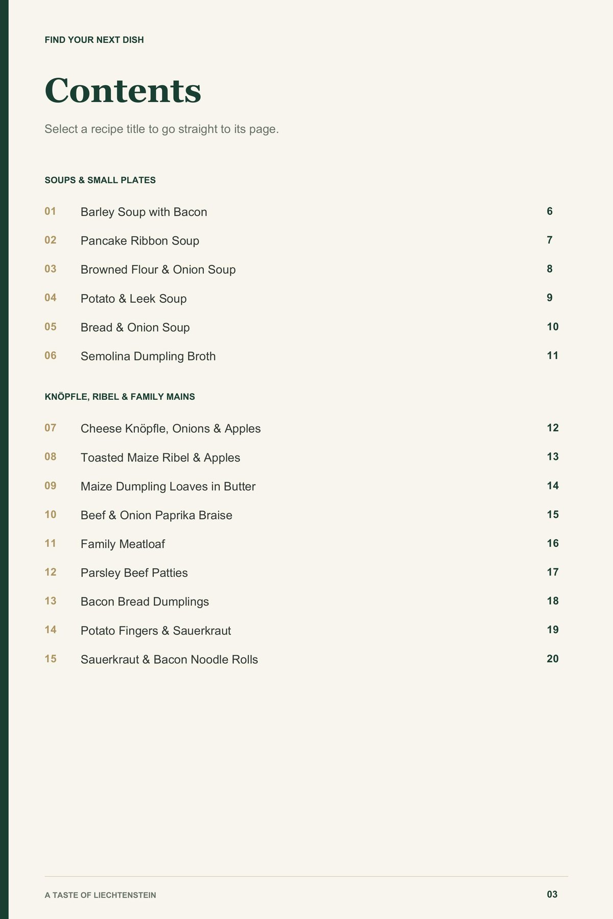 Contents, page 1 from A Taste of Liechtenstein