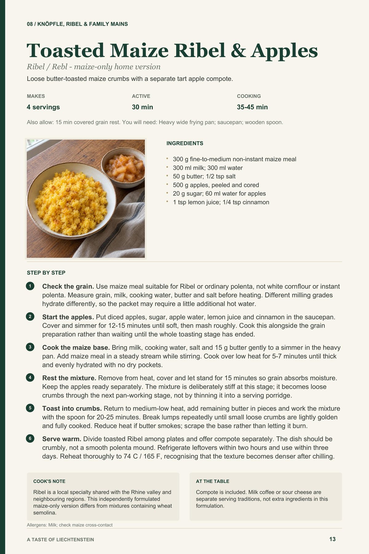 Toasted Maize Ribel & Apples recipe page from A Taste of Liechtenstein