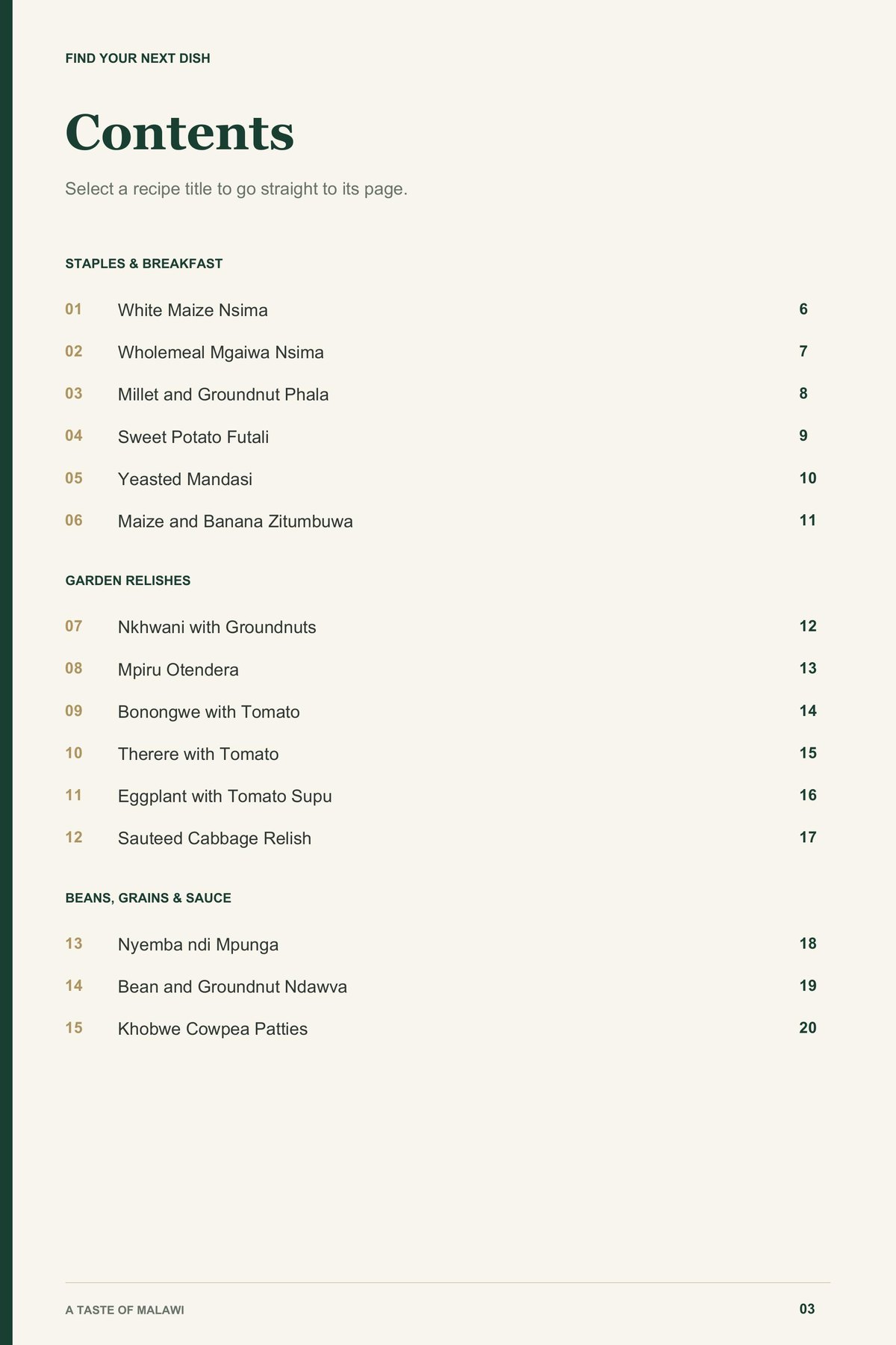 Contents, page 1 from A Taste of Malawi