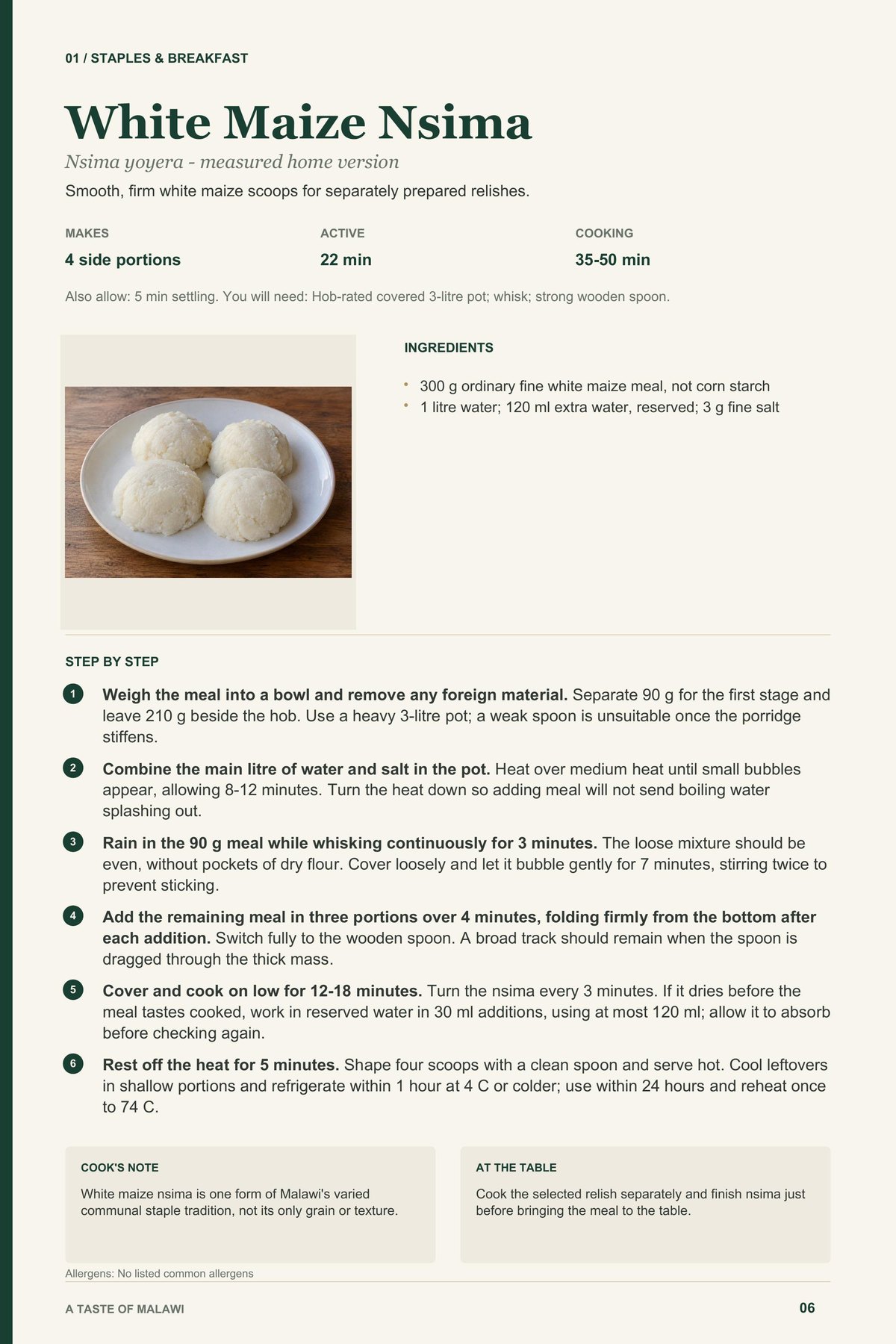 White Maize Nsima recipe page from A Taste of Malawi