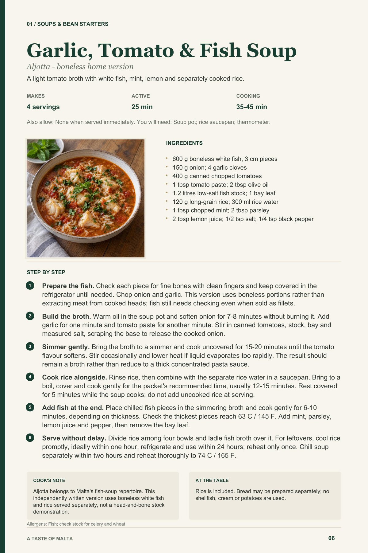 Garlic, Tomato & Fish Soup recipe page from A Taste of Malta