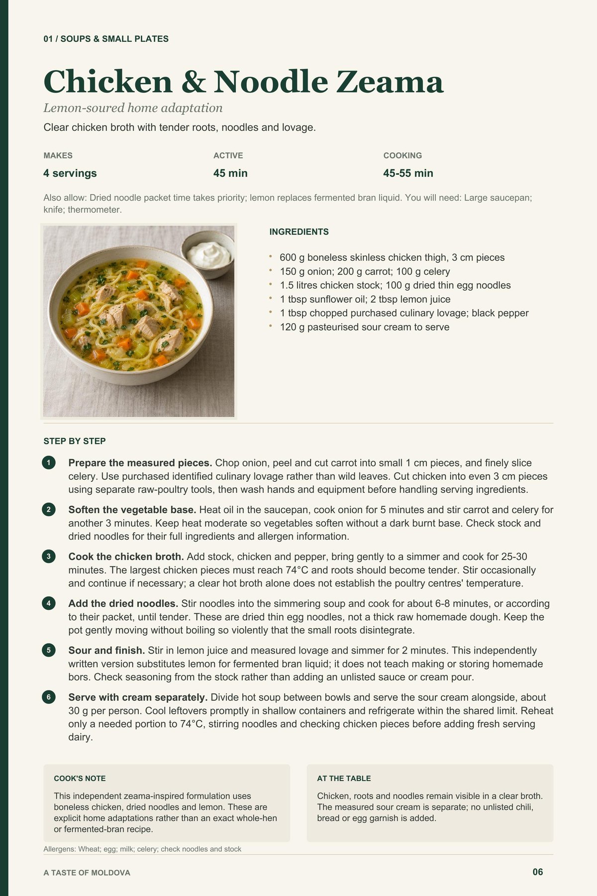 Chicken & Noodle Zeama recipe page from A Taste of Moldova