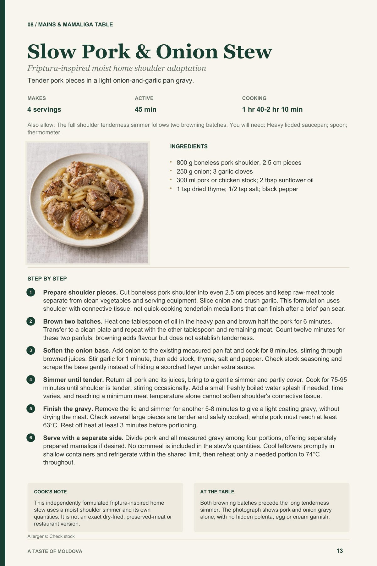 Slow Pork & Onion Stew recipe page from A Taste of Moldova