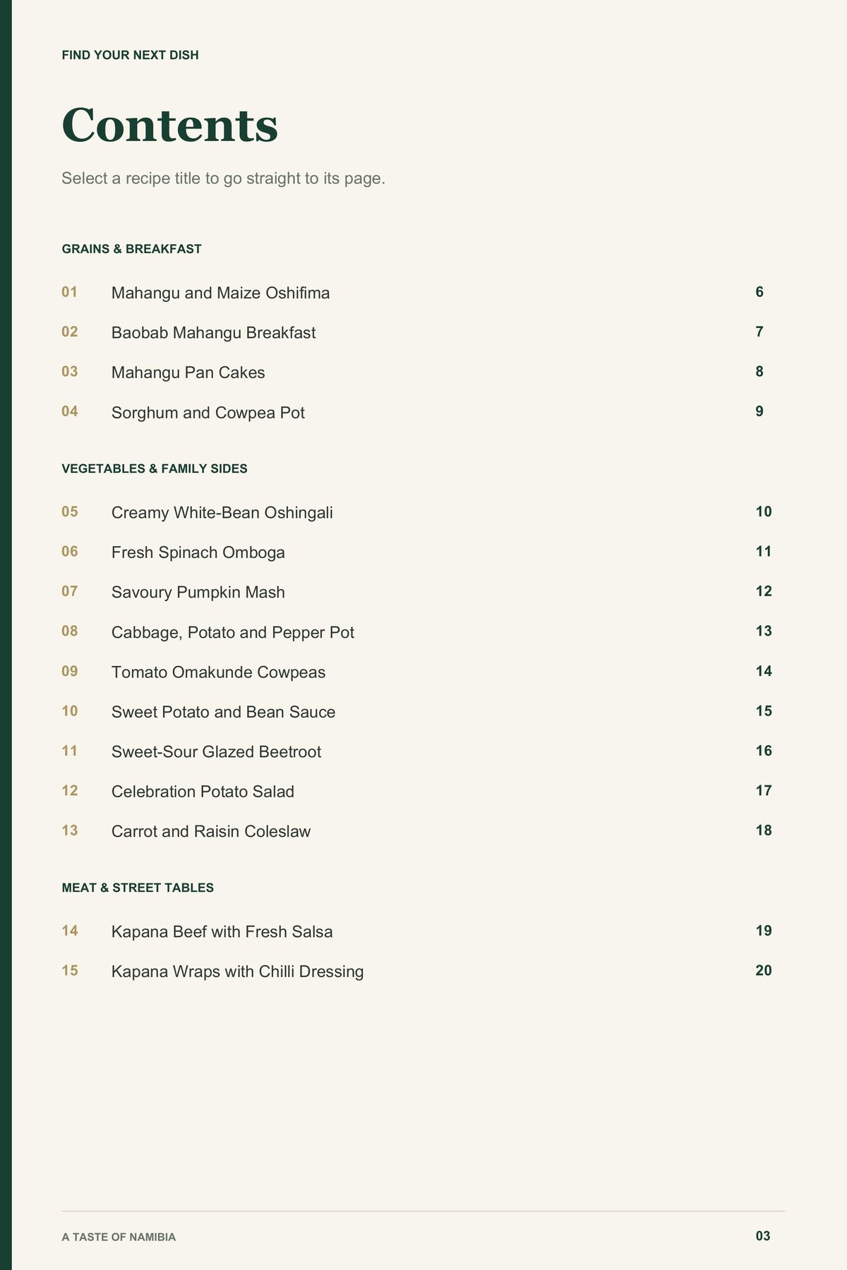 Contents, page 1 from A Taste of Namibia