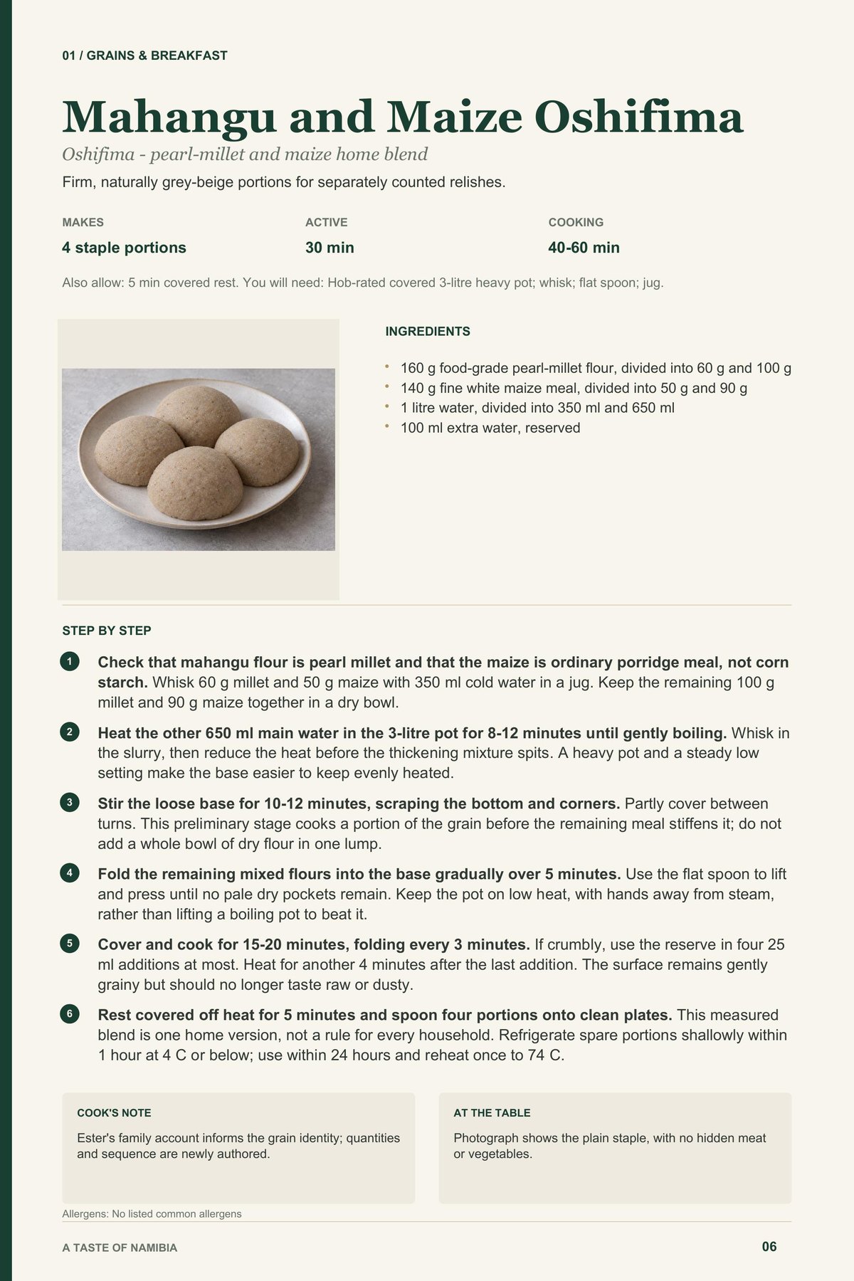 Mahangu and Maize Oshifima recipe page from A Taste of Namibia