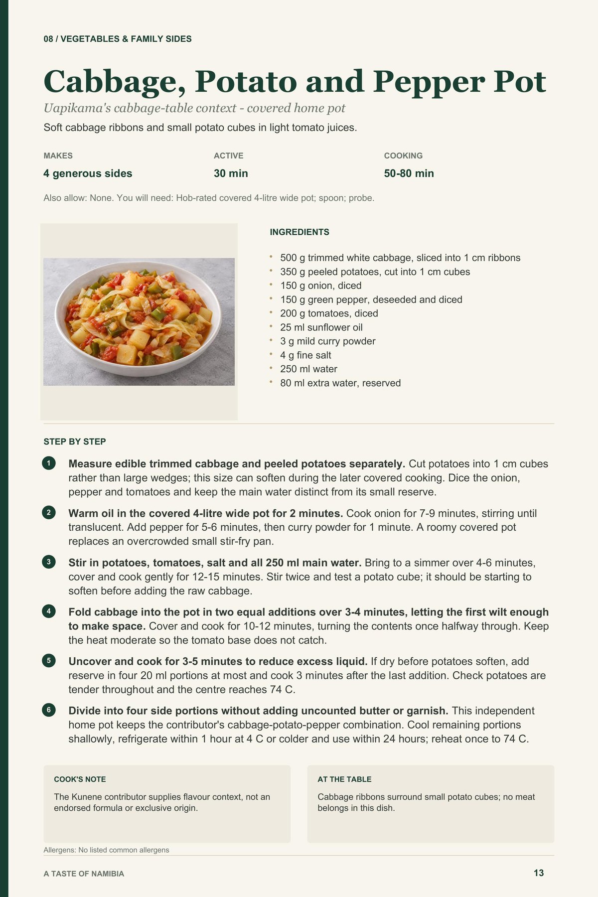 Cabbage, Potato and Pepper Pot recipe page from A Taste of Namibia