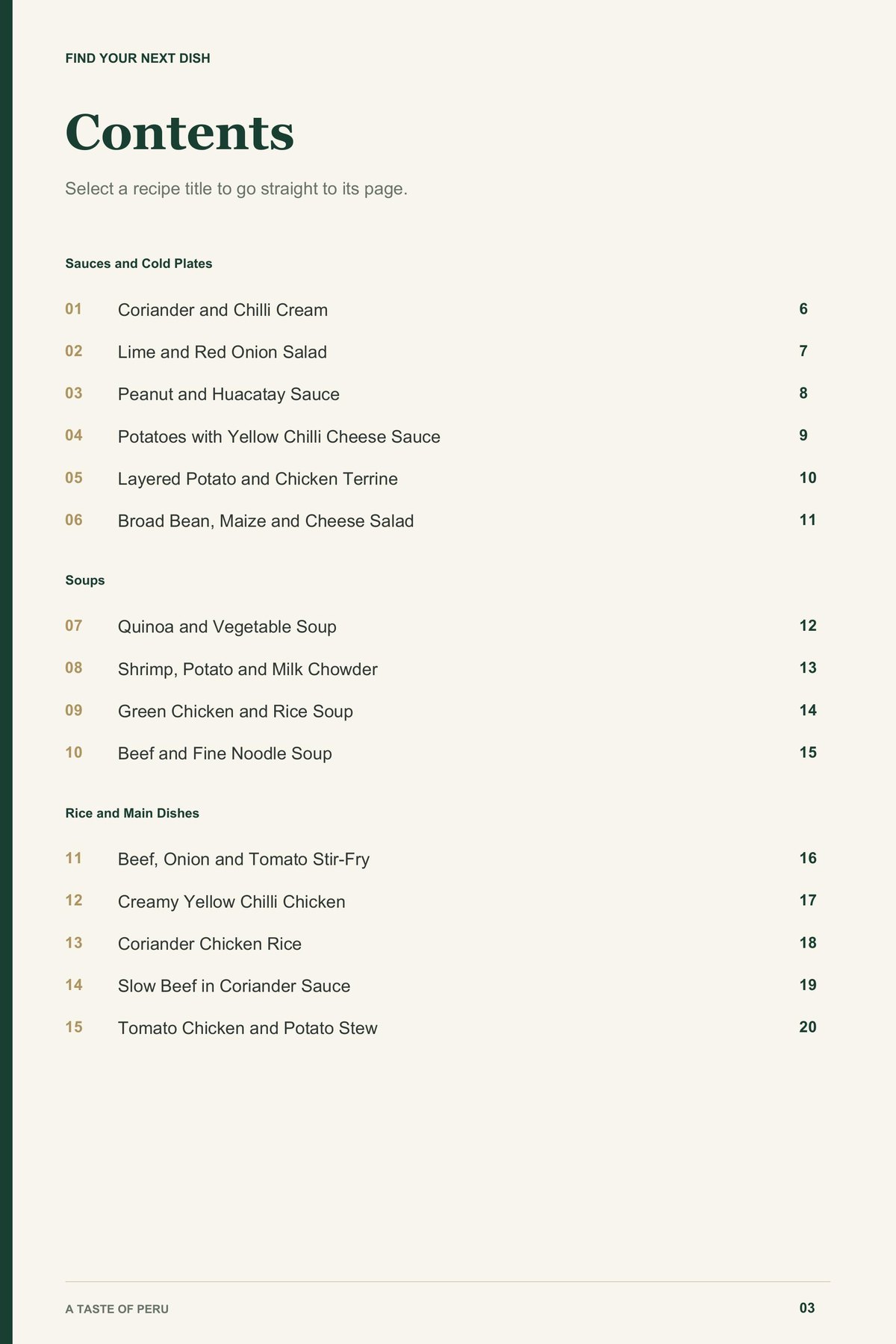Contents, page 1 from A Taste of Peru