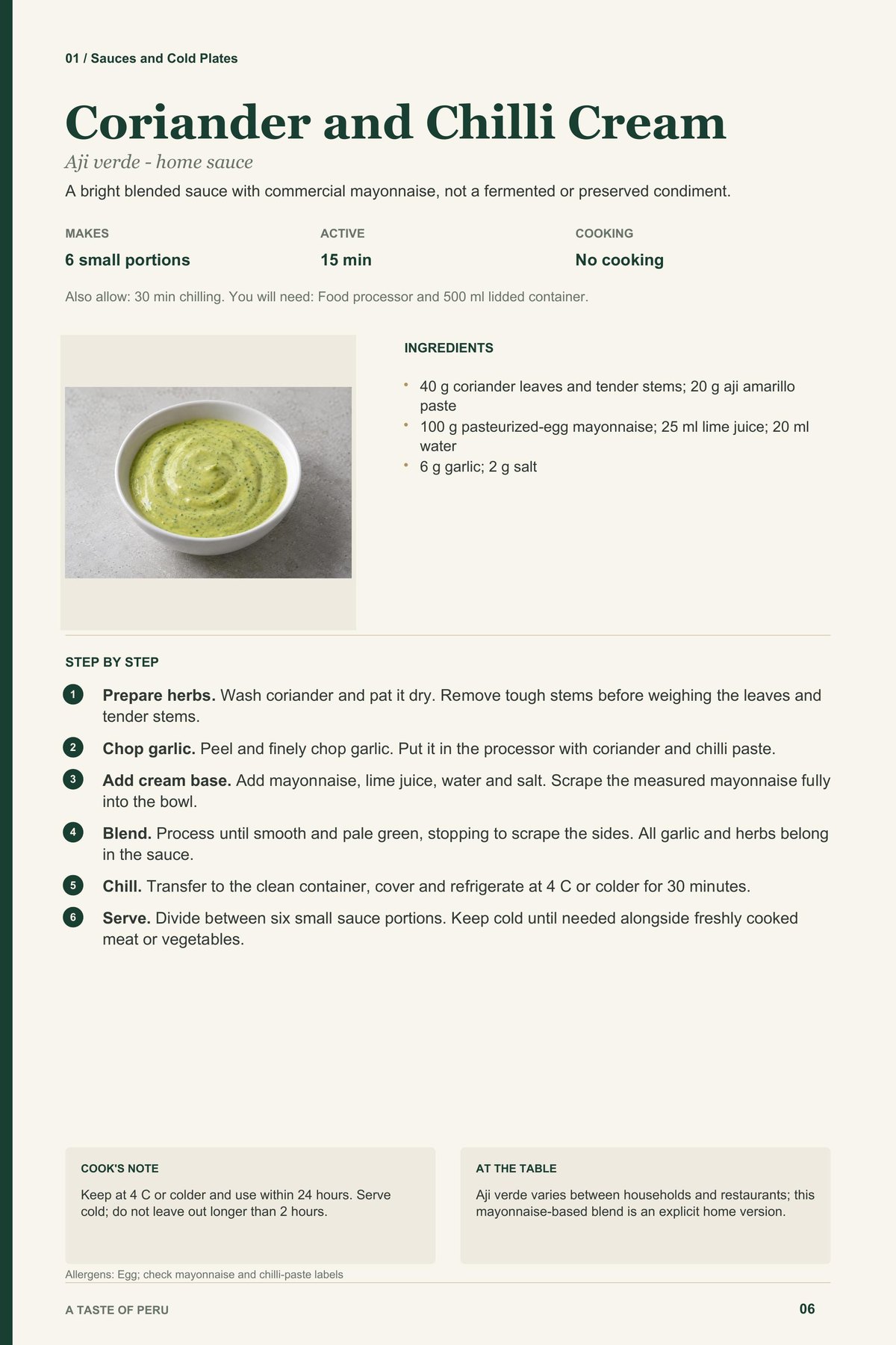 Coriander and Chilli Cream recipe page from A Taste of Peru