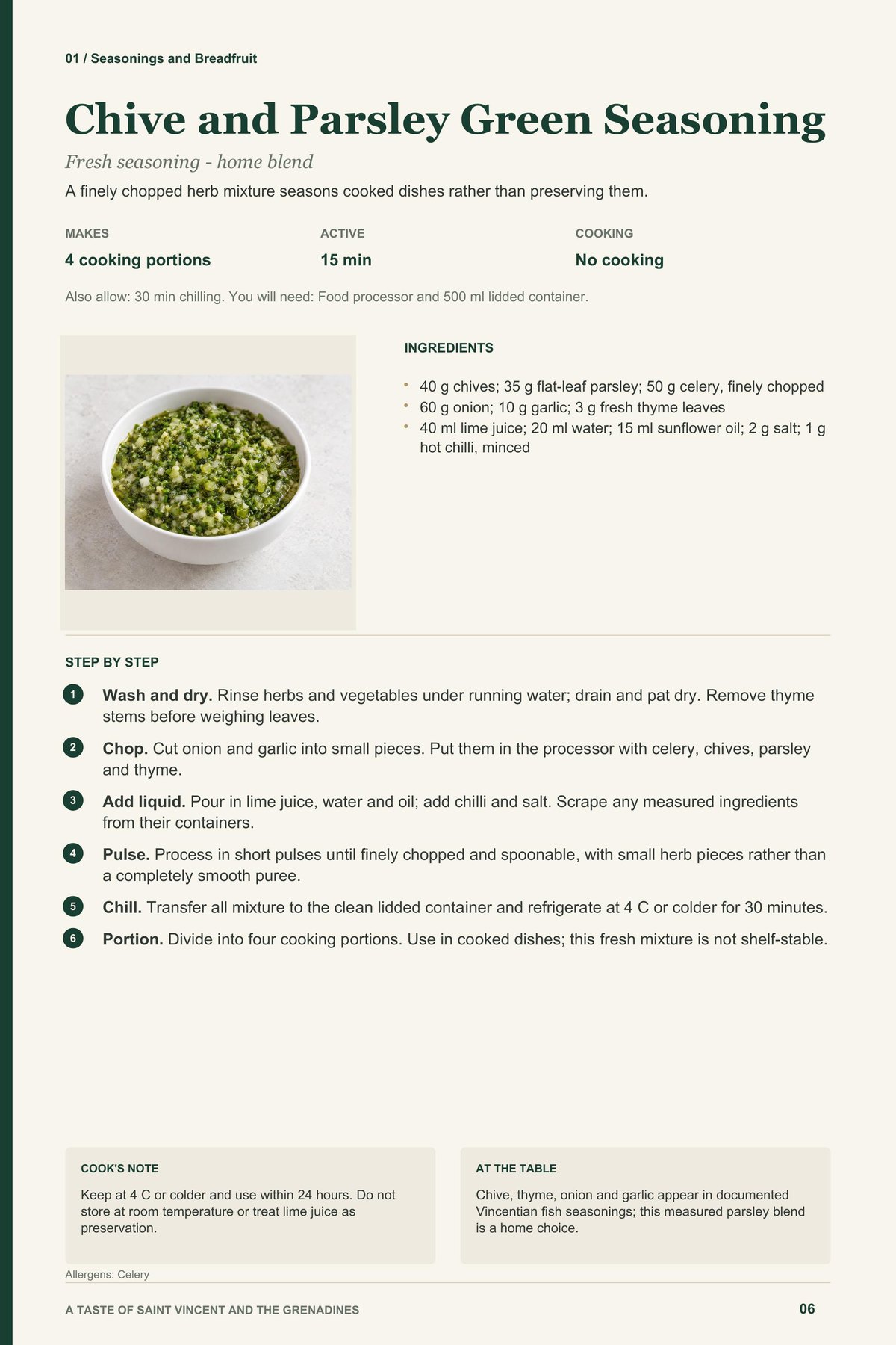 Chive and Parsley Green Seasoning recipe page from A Taste of Saint Vincent and the Grenadines