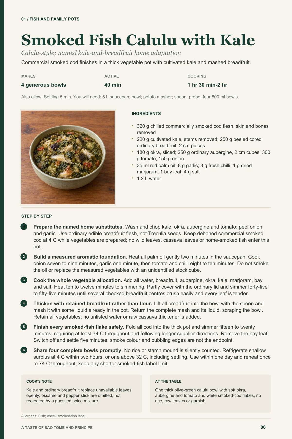 Smoked Fish Calulu with Kale recipe page from A Taste of Sao Tome and Principe