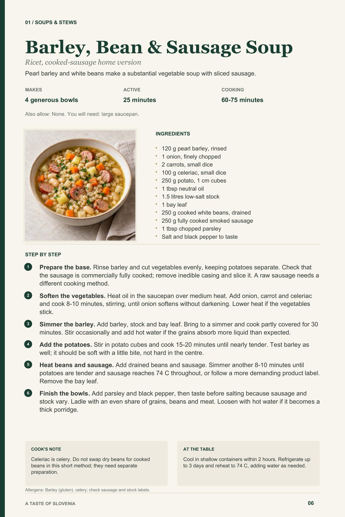 Barley, Bean & Sausage Soup recipe page from A Taste of Slovenia