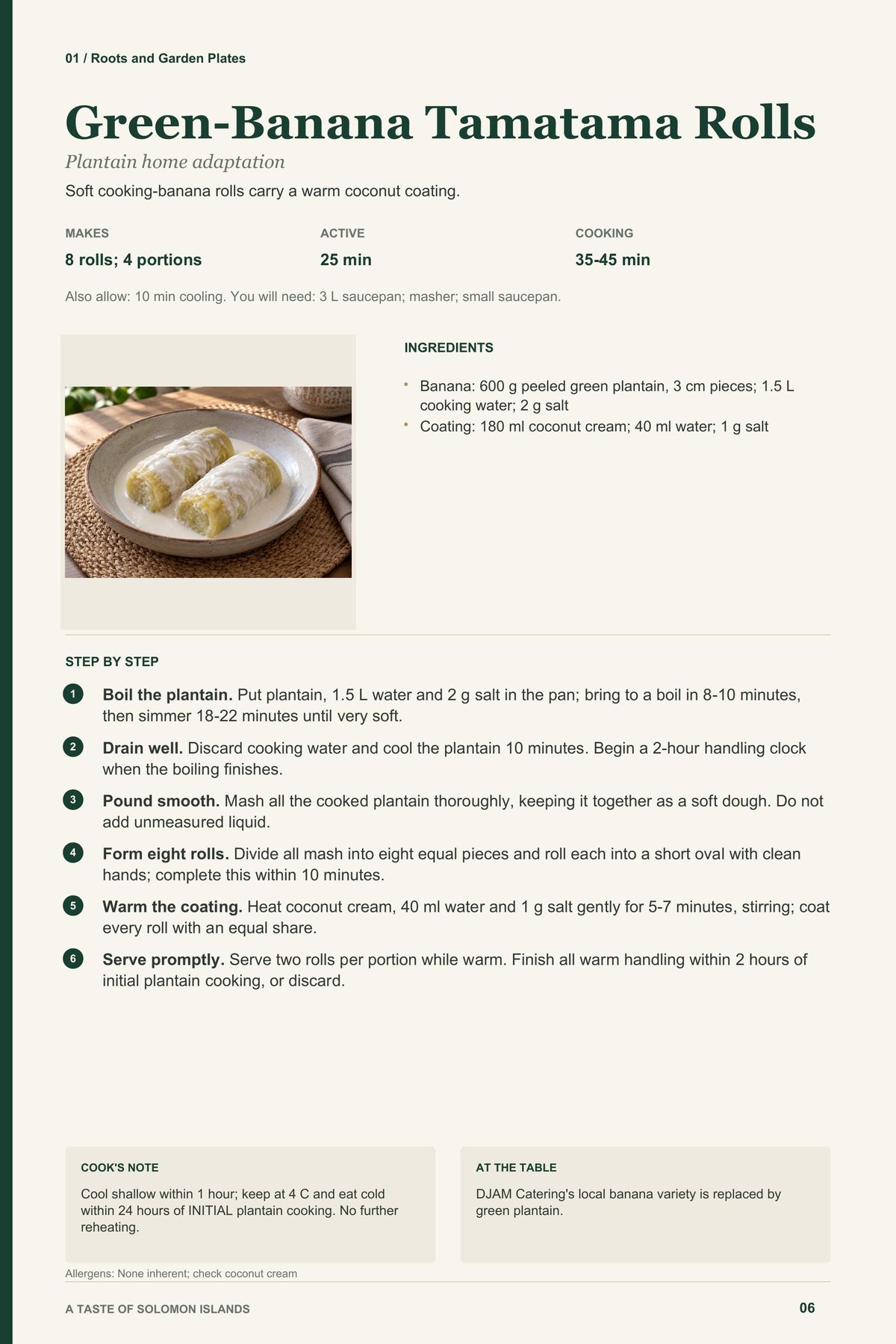 Green-Banana Tamatama Rolls recipe page from A Taste of Solomon Islands