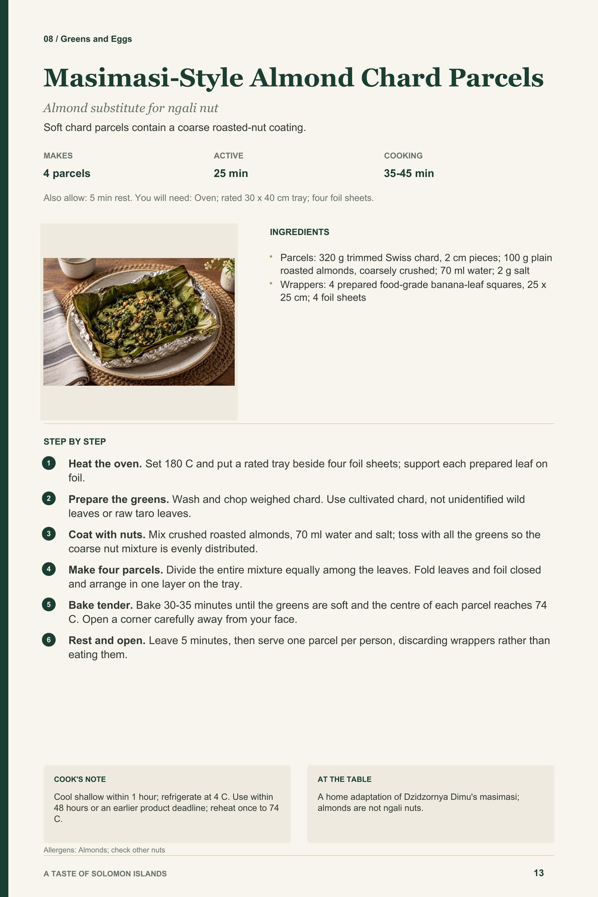Masimasi-Style Almond Chard Parcels recipe page from A Taste of Solomon Islands