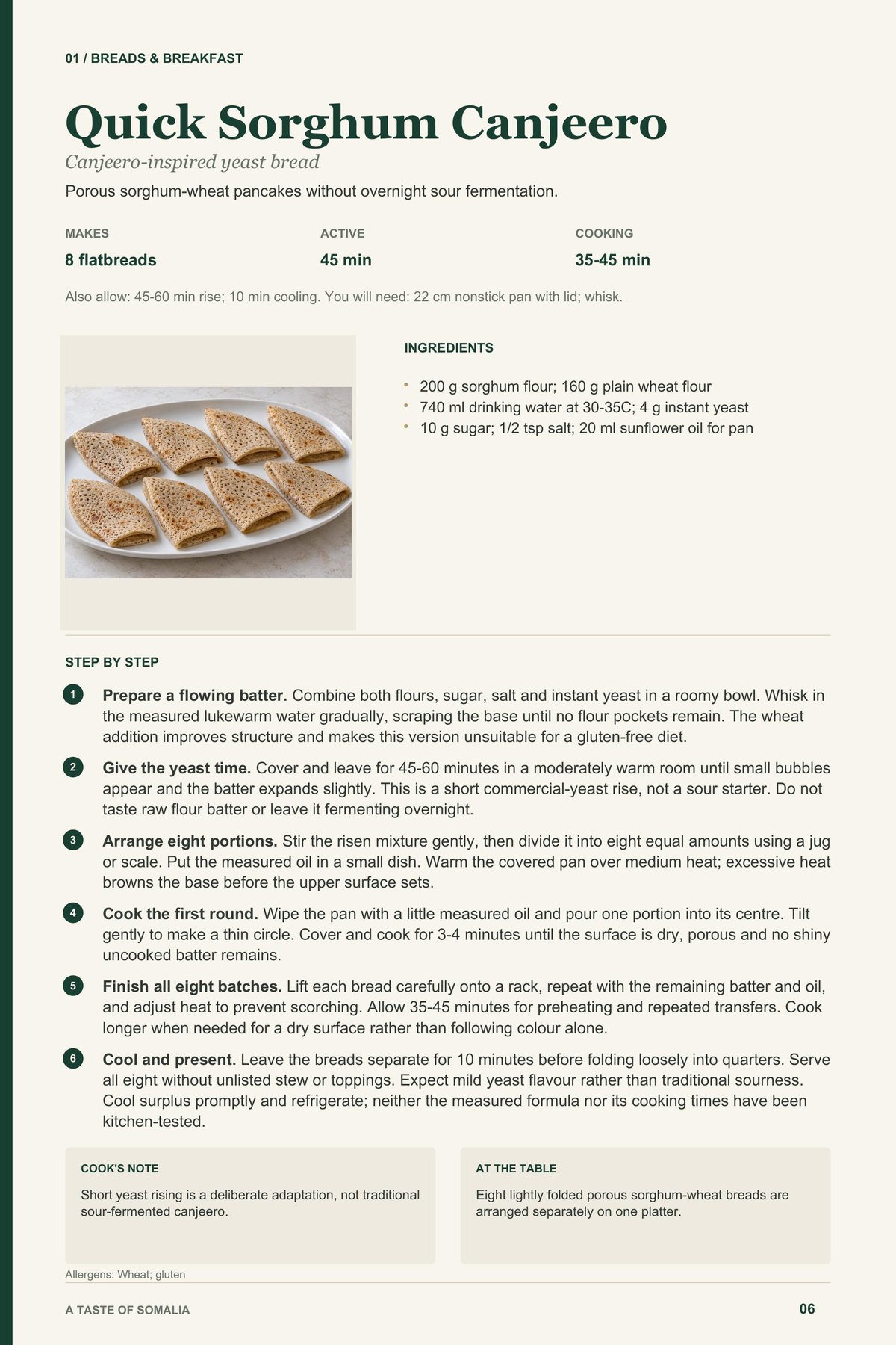 Quick Sorghum Canjeero recipe page from A Taste of Somalia