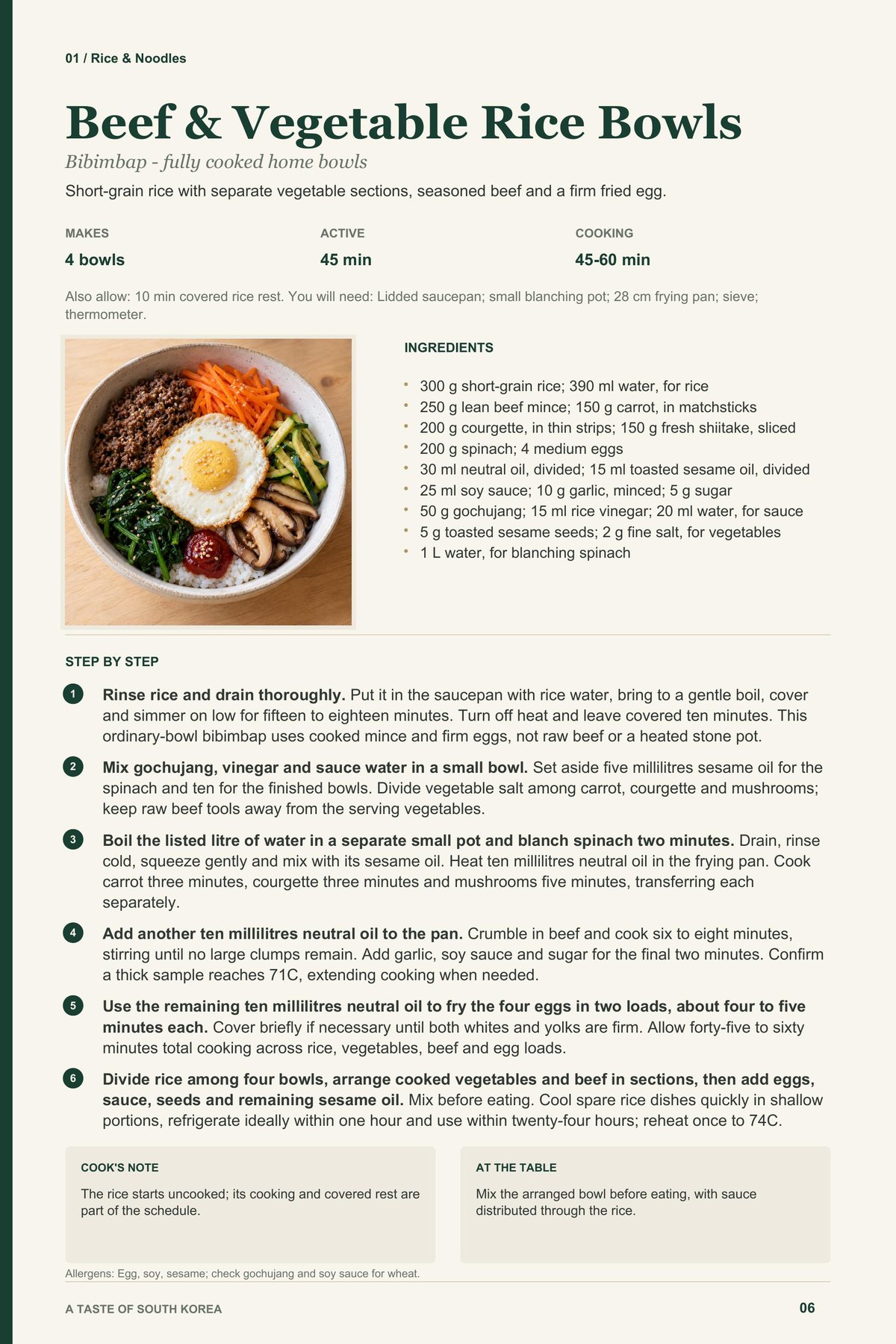Beef & Vegetable Rice Bowls recipe page from A Taste of South Korea