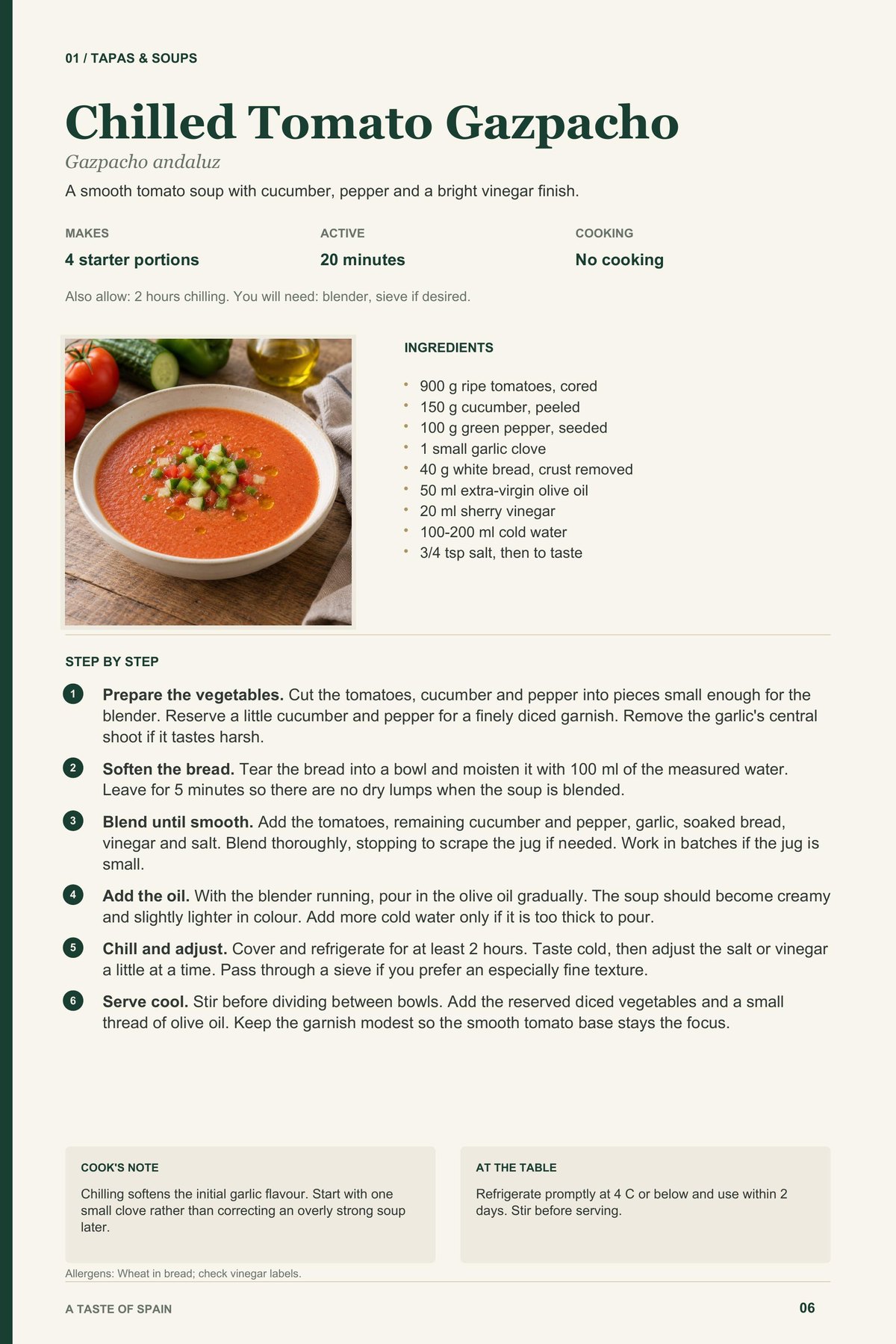 Chilled Tomato Gazpacho recipe page from A Taste of Spain