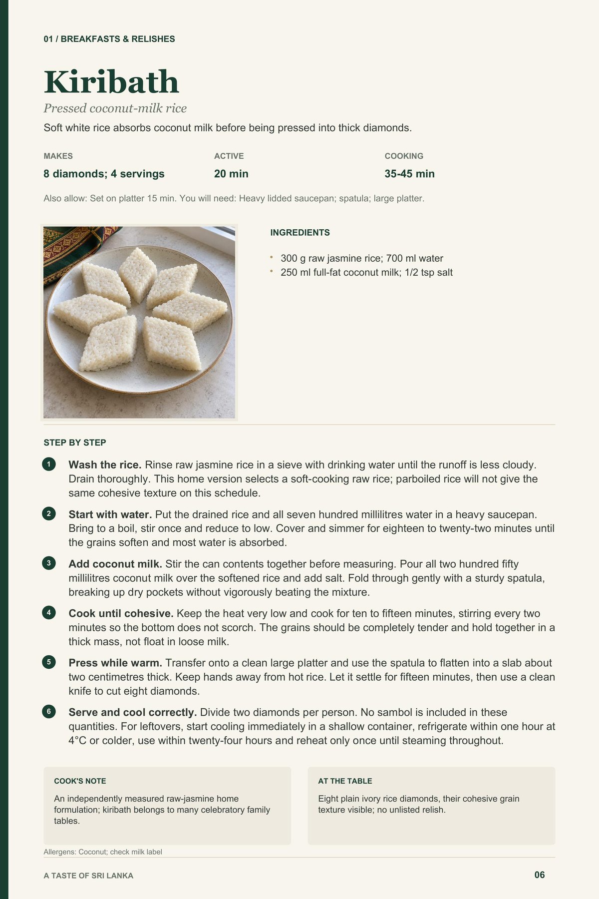 Kiribath recipe page from A Taste of Sri Lanka