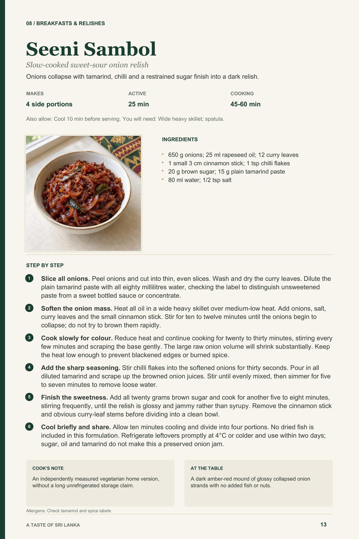 Seeni Sambol recipe page from A Taste of Sri Lanka