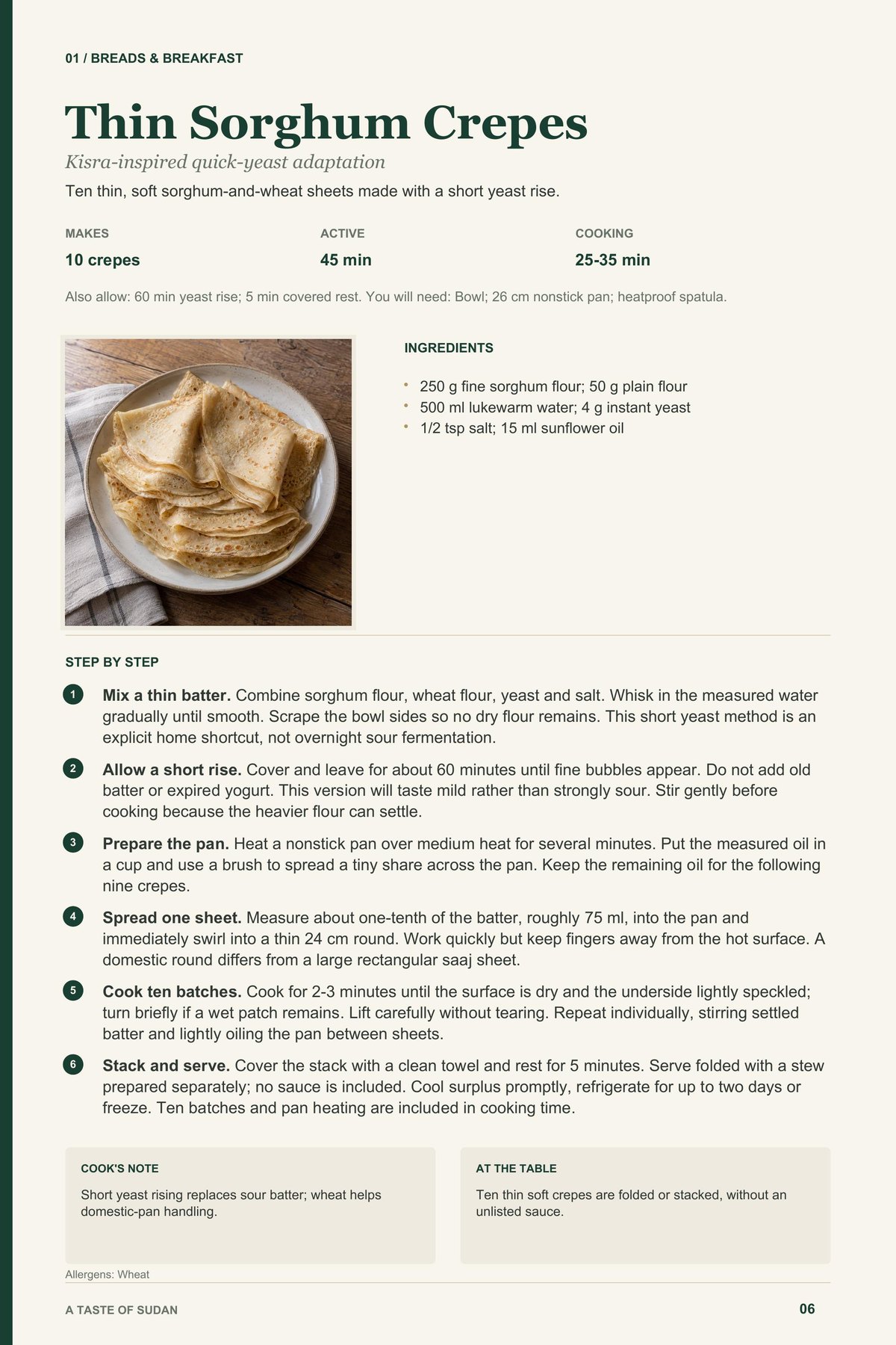 Thin Sorghum Crepes recipe page from A Taste of Sudan