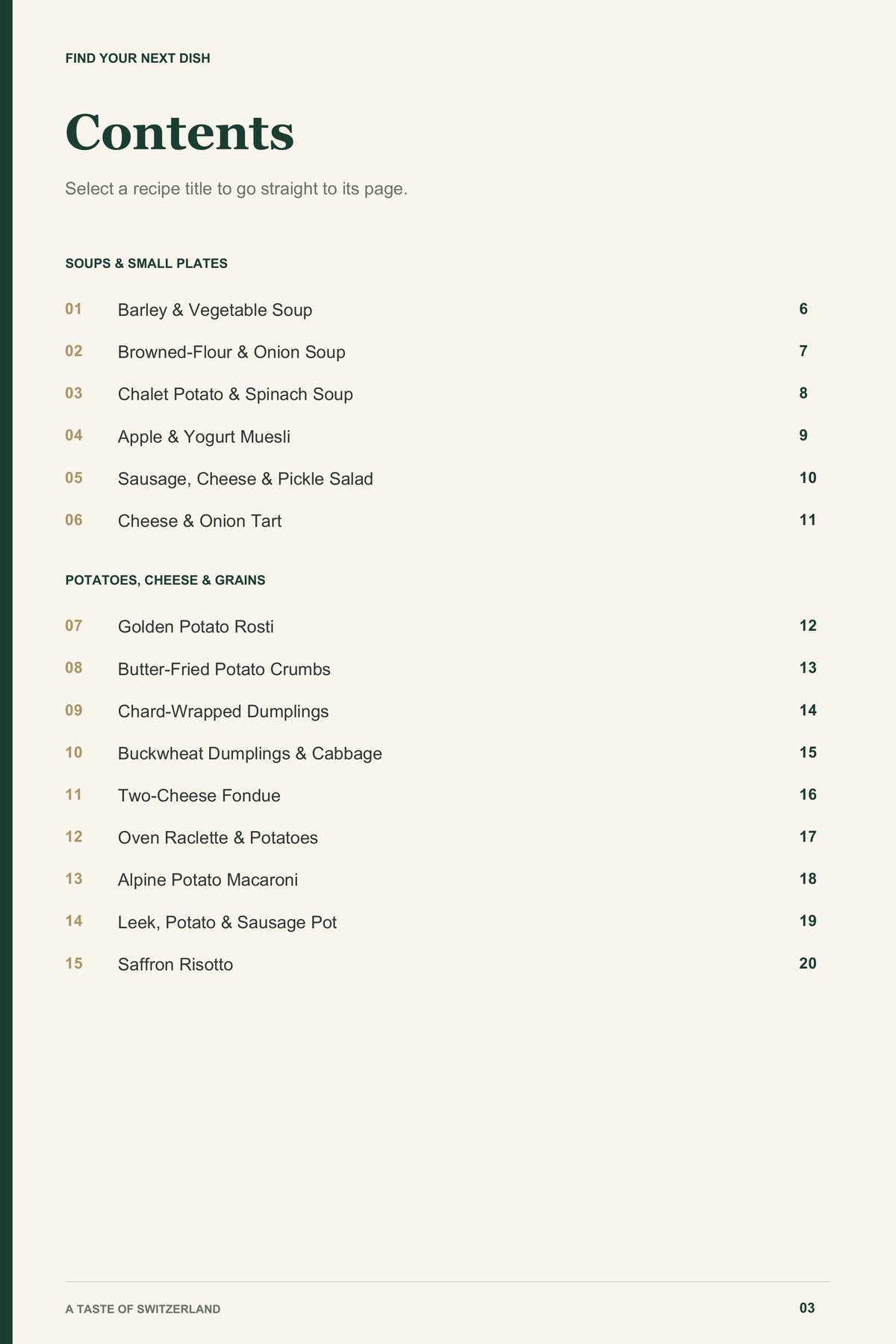 Contents, page 1 from A Taste of Switzerland