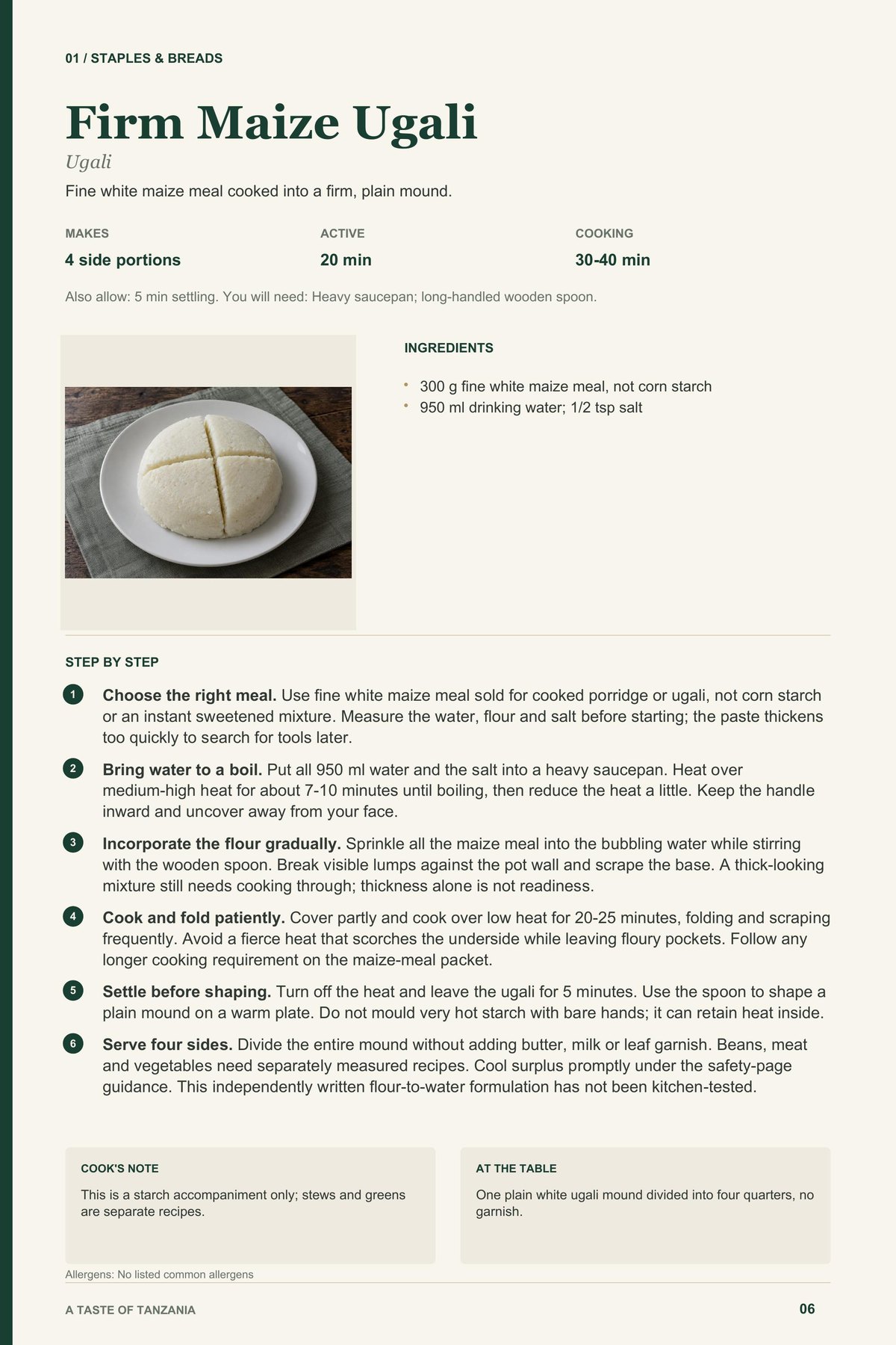 Firm Maize Ugali recipe page from A Taste of Tanzania
