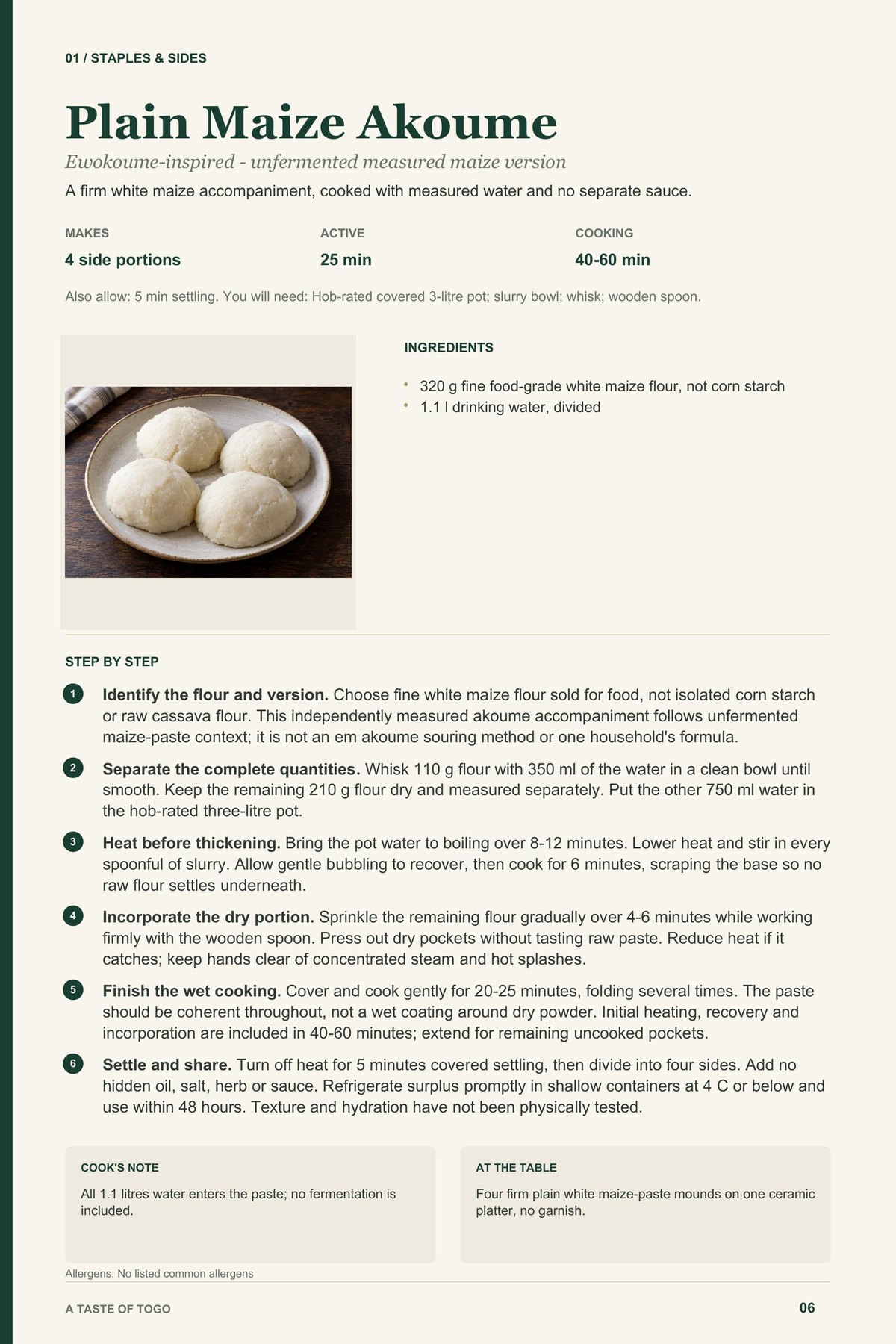 Plain Maize Akoume recipe page from A Taste of Togo
