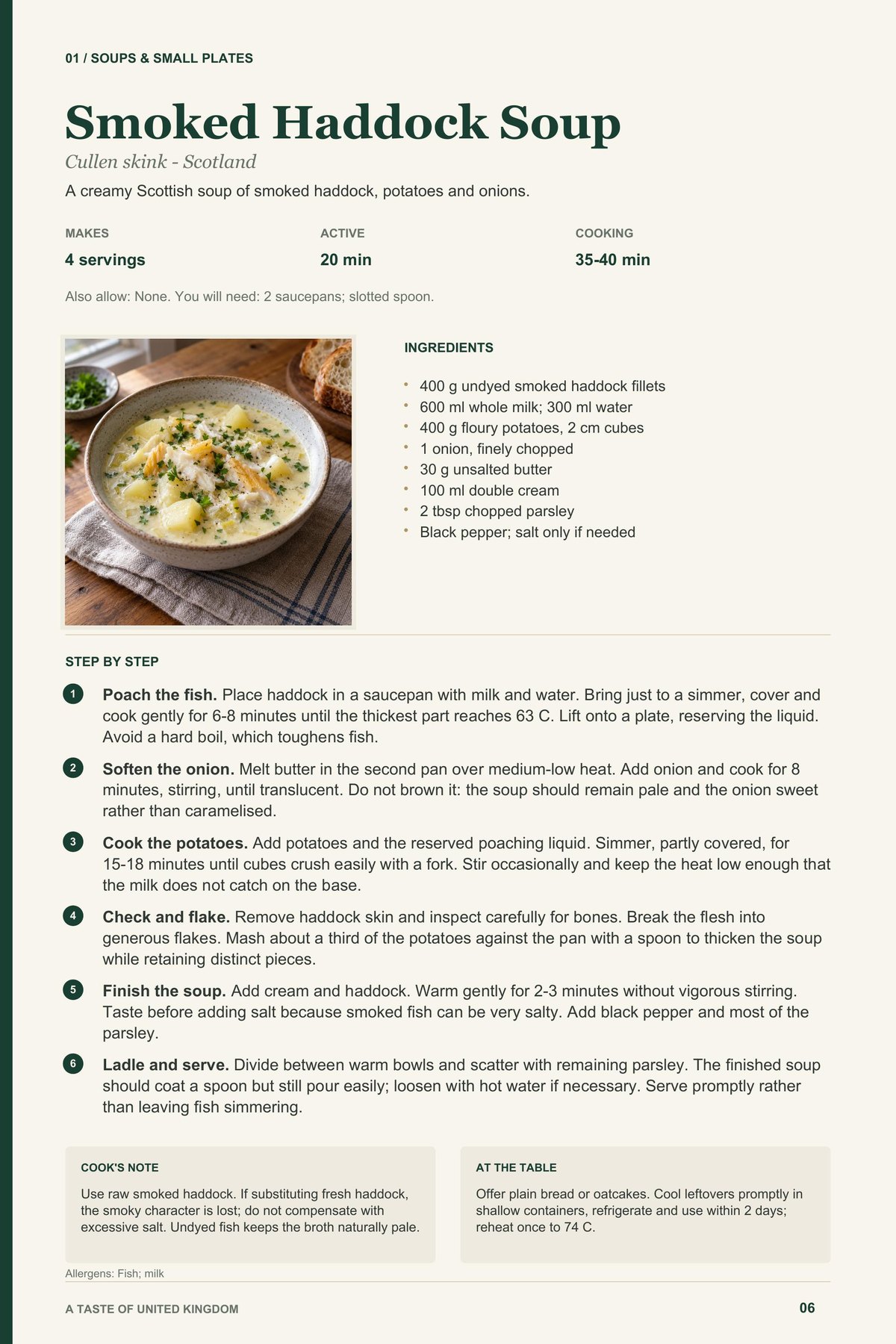 Smoked Haddock Soup recipe page from A Taste of United Kingdom