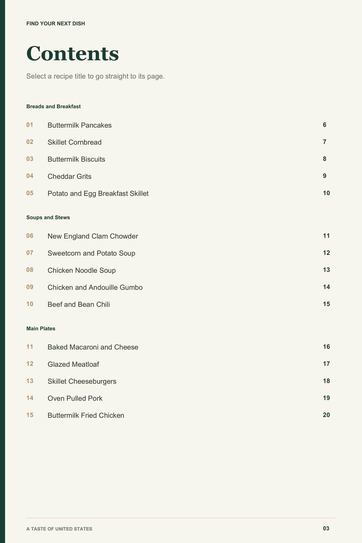 Contents, page 1 from A Taste of United States