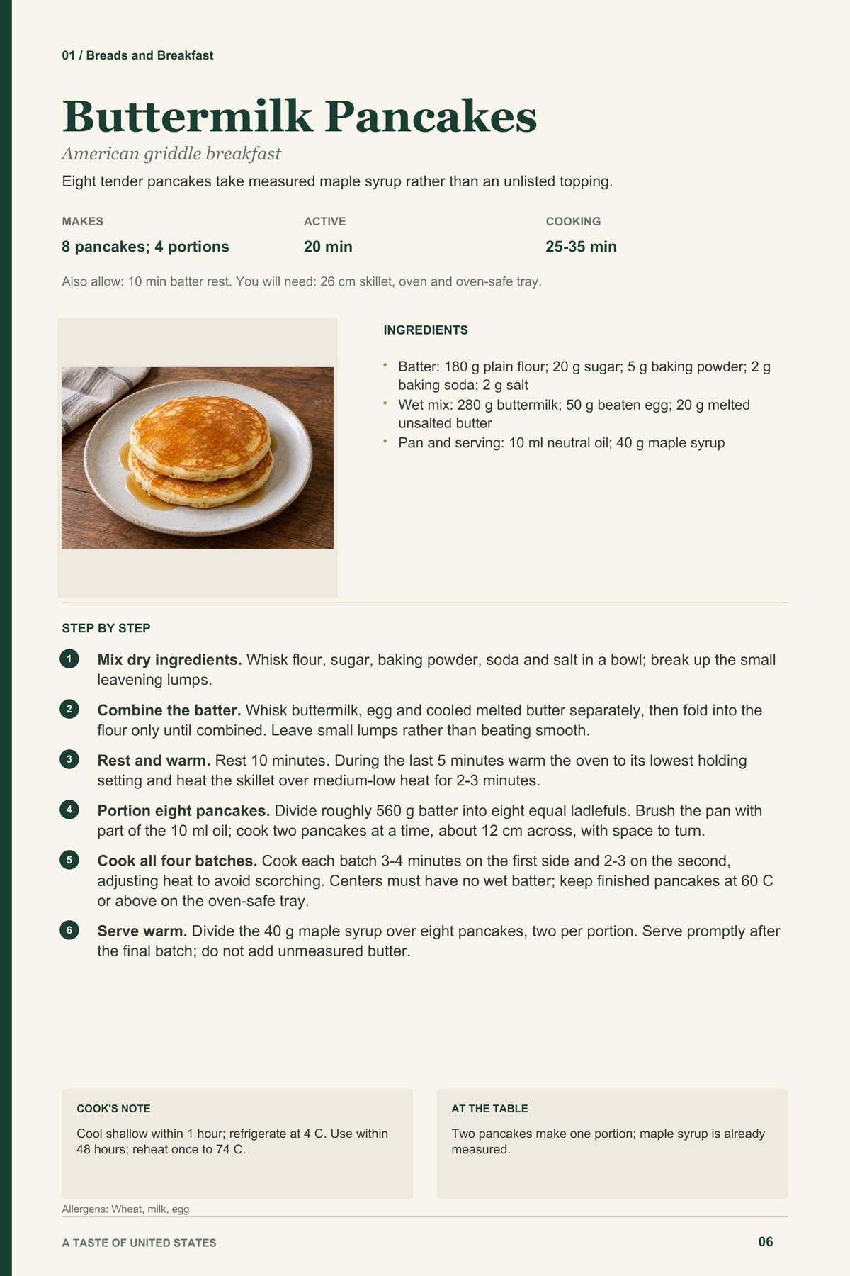 Buttermilk Pancakes recipe page from A Taste of United States