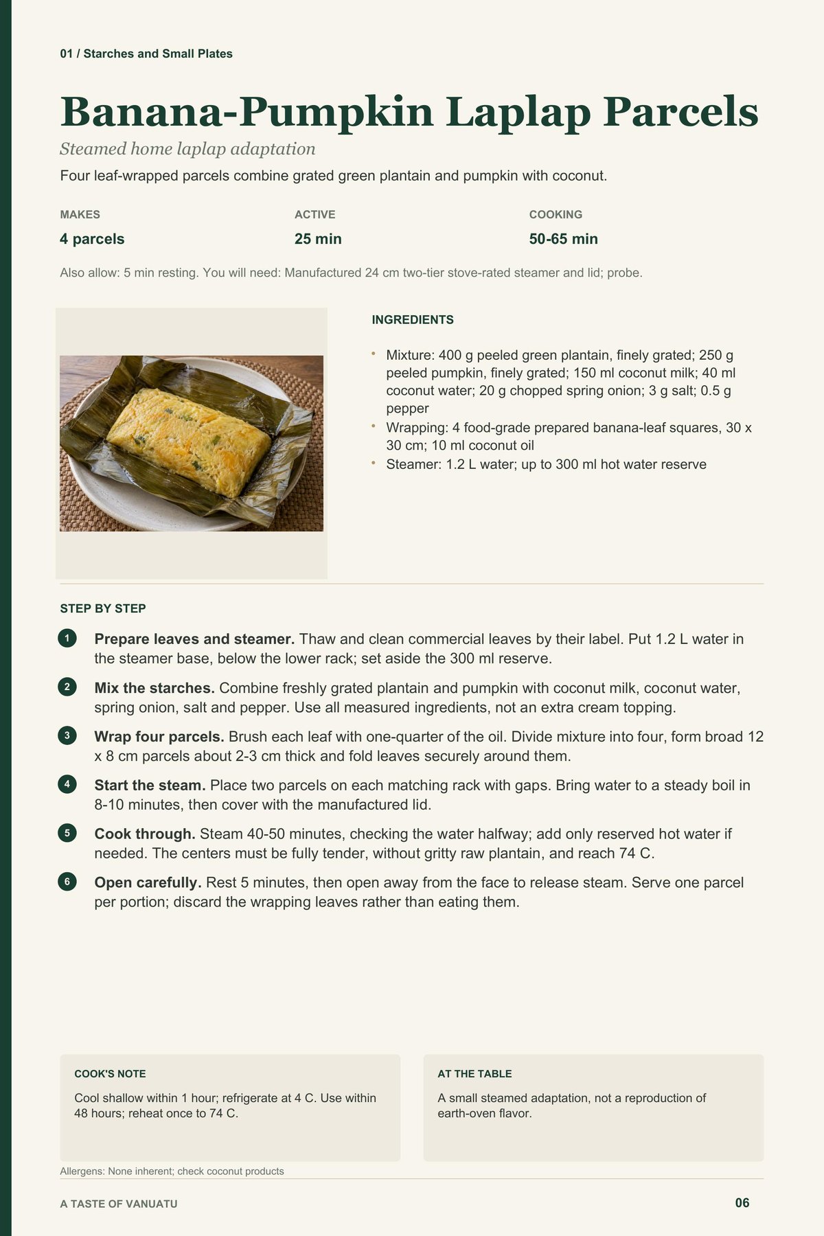 Banana-Pumpkin Laplap Parcels recipe page from A Taste of Vanuatu