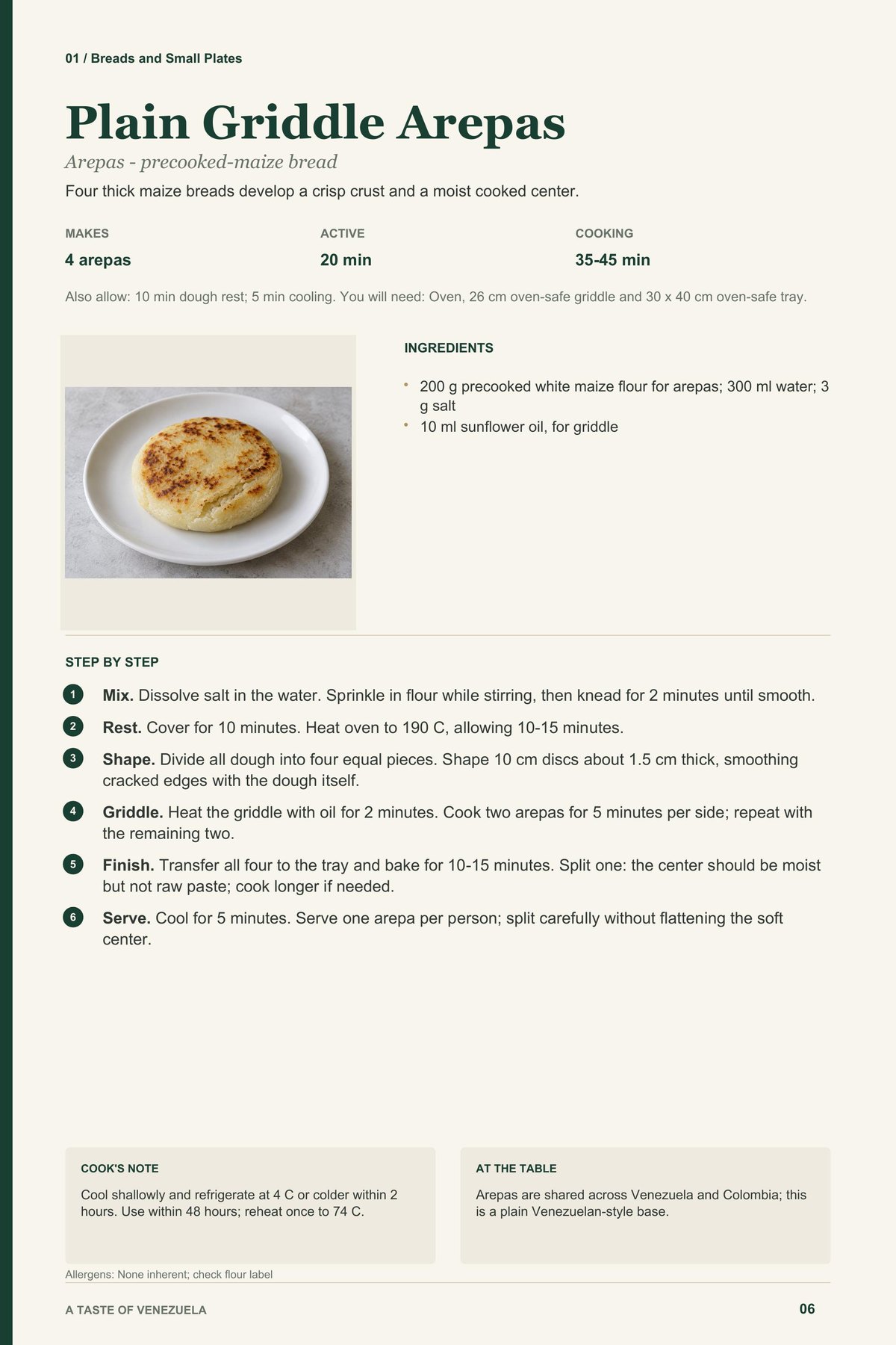 Plain Griddle Arepas recipe page from A Taste of Venezuela