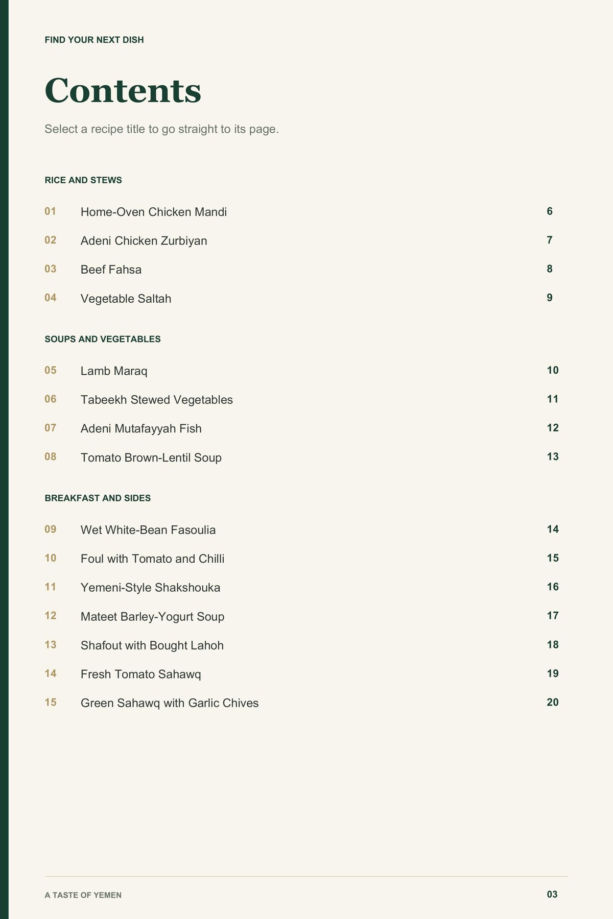 Contents, page 1 from A Taste of Yemen