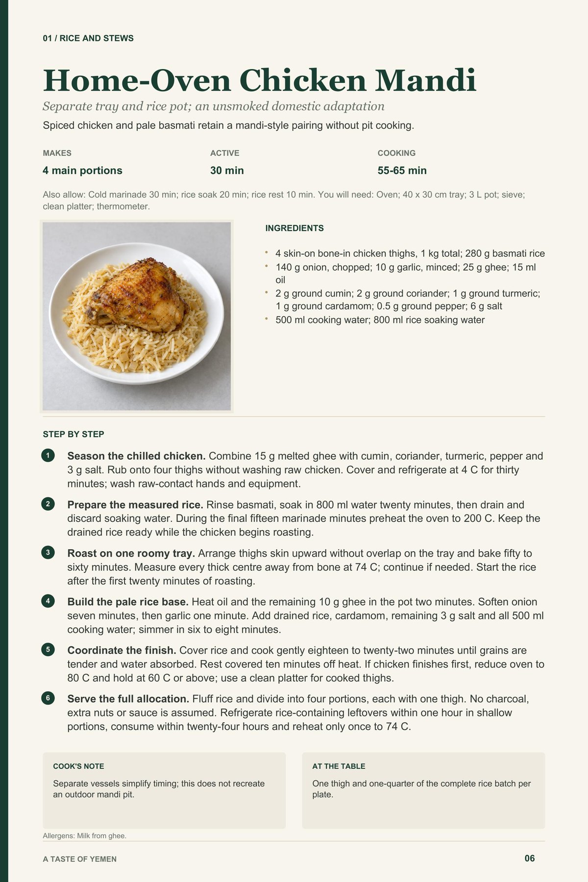 Home-Oven Chicken Mandi recipe page from A Taste of Yemen