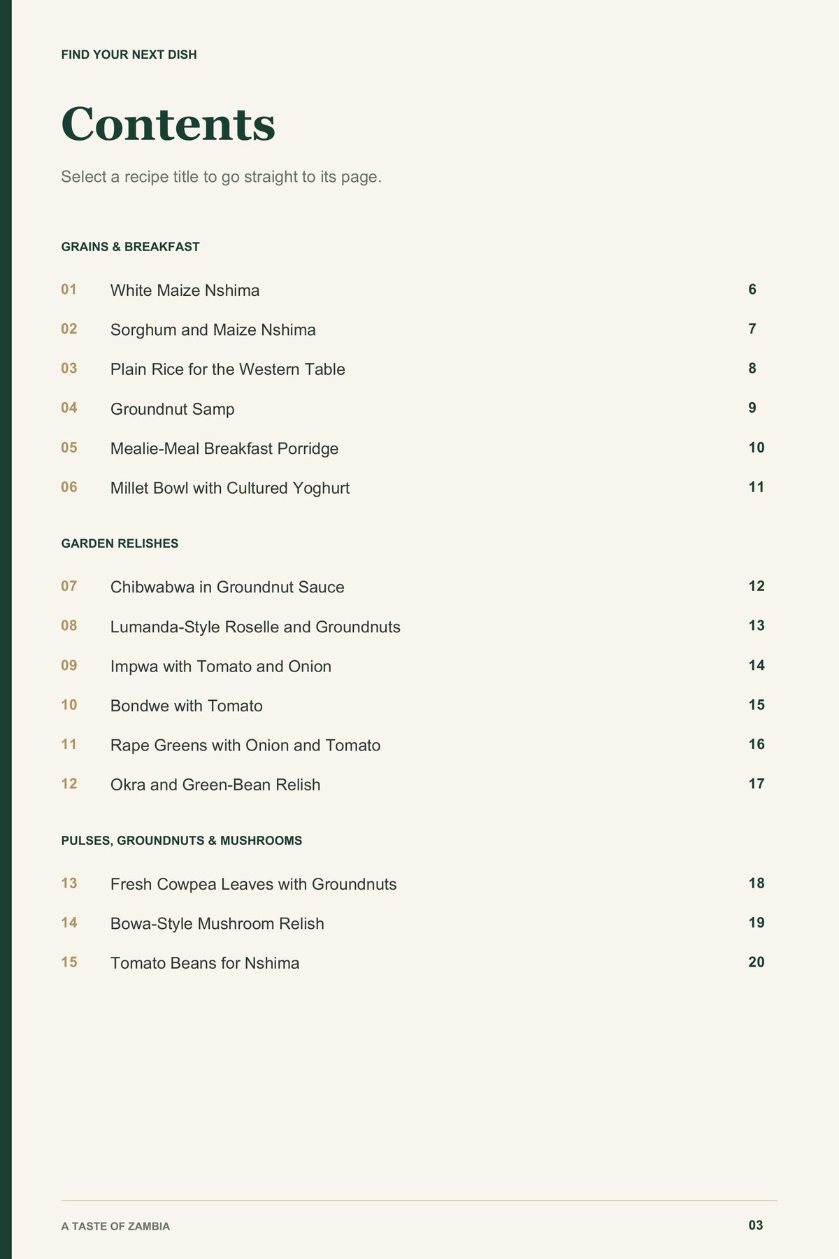 Contents, page 1 from A Taste of Zambia